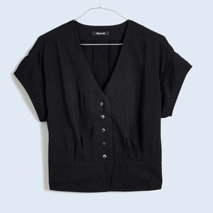 Madewell Black Pleated Short Sleeve Top Cropped Shirt Blouse XXS